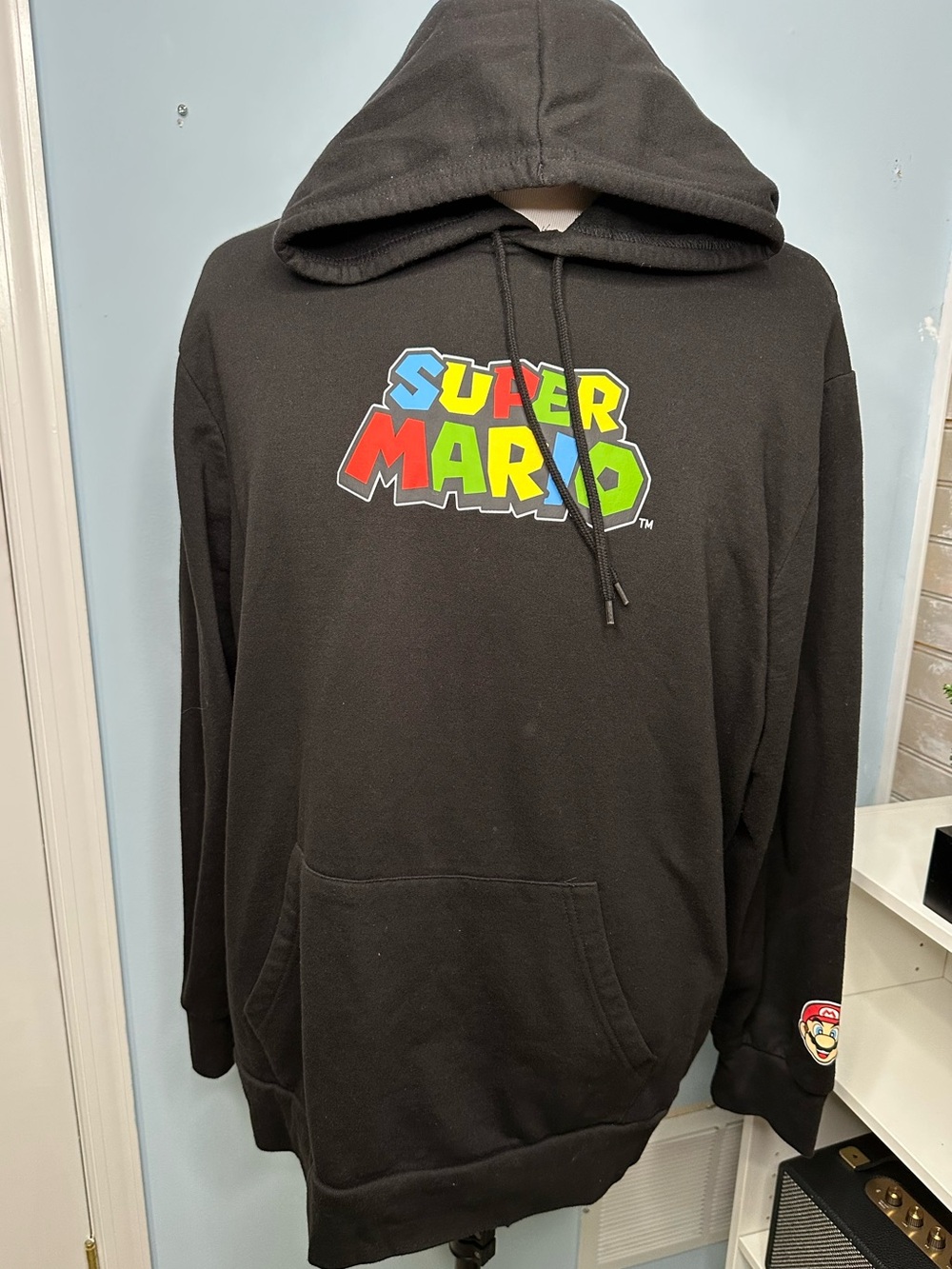 Nintendo Super Mario Mens Graphic Hoodie Black XXL 2XL Patch Sleeve